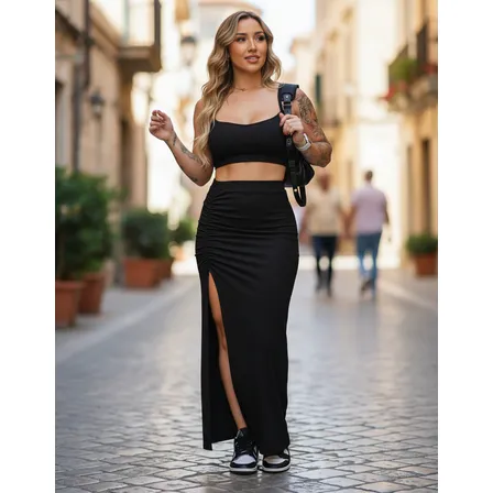 Conjunto Feminino Saia Fenda Cropped Elegante Suplex Premium