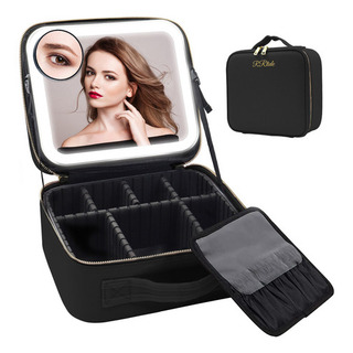 Bolsa De Cosméticos De Viaje Portátil Con Luz Y Espejo De Color Negro Bolsa De Cosméticos De Viaje Portátil Con Luz Y Espejo De Color Negro