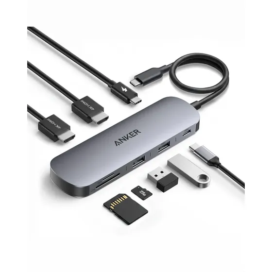 Hub USB-C 8 en 1, Anker Nano, doble pantalla HDMI, 2 puertos HDMI, 2 USB-A y 1 USB-C, lector de tarjetas SD y microSD, puerto PD-IN, datos 10 Gbps, aluminio, compatible MacBook, Windows, iPad, Gris