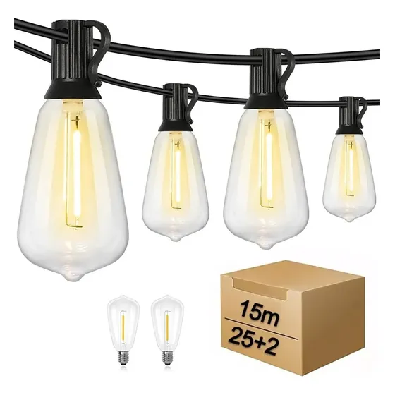 Banna 15m 25+2 Led Vintage Garden Spotlight Outdoor String Lights Ip42 Nominal Impermeable Puede Soportar La Lluvia, El Sol, El Viento, La Nieve, La Humedad Y Las Temperaturas Extremas Al Aire Libre.