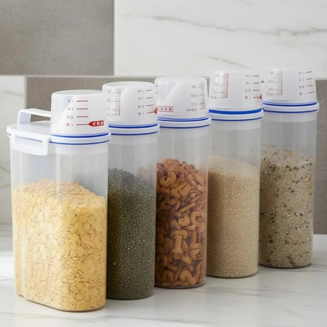 Conjunto de 5 potes herméticos transparentes de 2 litros com tampas dosadoras brancas e detalhes em azul, contendo diferentes tipos de grãos e alimentos secos sobre uma bancada de mármore.