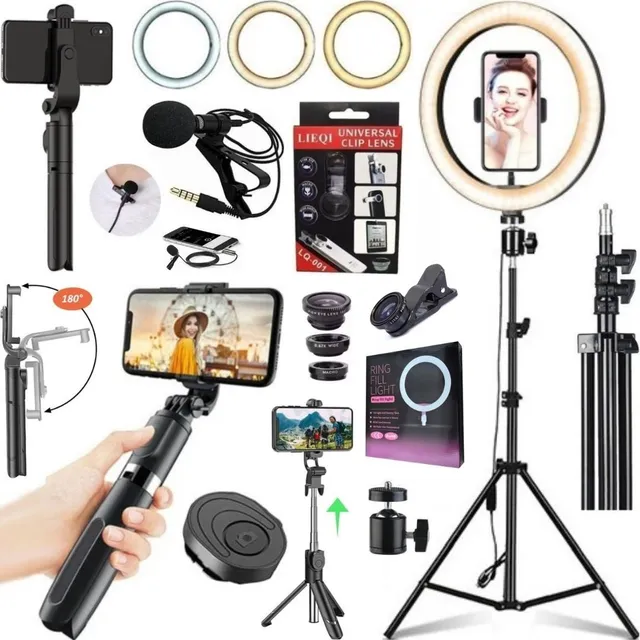 Kit Filmagem Ring Light Luz Tripé Microfone Bastão Celular