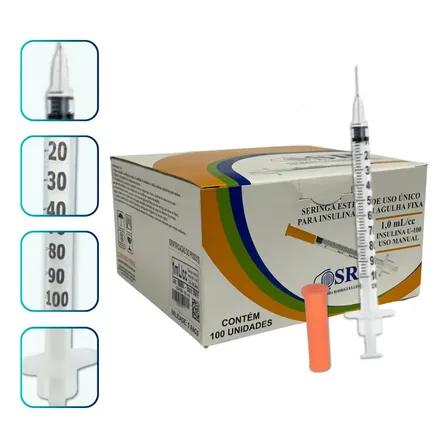 Seringa Insulina Com Agulha Fixa 1ml 8mm X 0,30mm 100un Sr 1 Ml