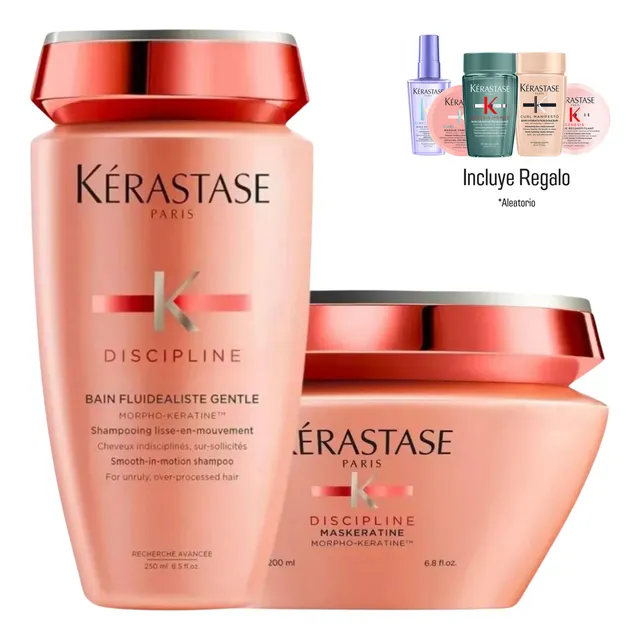 Kit Tratamiento para Cabello Rebelde Kerastase Discipline Anti Frizz Shampoo Bain Fluidealiste y Mascarilla Maskeratin 200 Ml