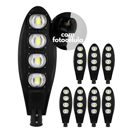 Kit 8 Luminária Led Cob 200w Iluminação Publica Fotocélula 127/220v Preto Branco-frio
