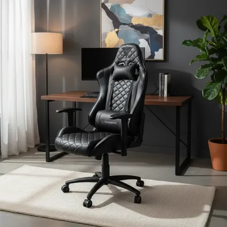 Cadeira Gamer Thunderx3 Tgc12 Com Encosto Reclinável E Apoio Lombar Preto Couro Sintético