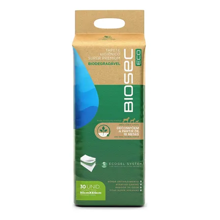 Tapete Higiênico Biodegrável Biosec Eco 80x60cm 30 Unidades Sustentável Ecológico Amigo da Natureza anti Odor para Pet cachorro cão