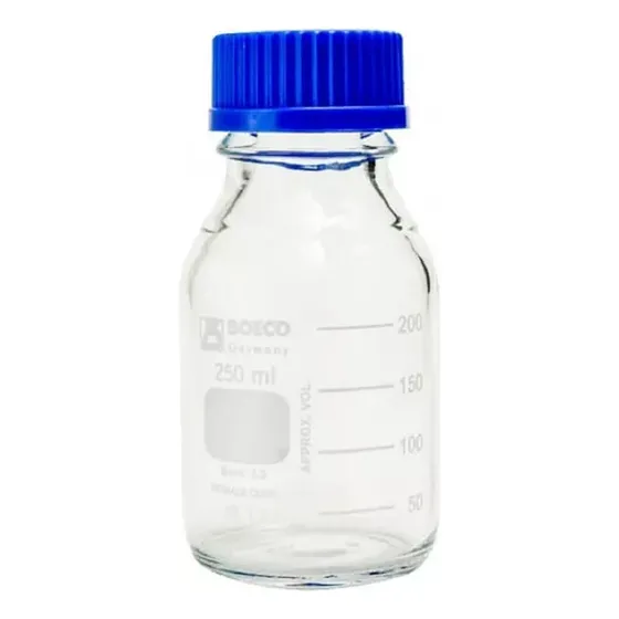 Frasco De Vidrio Boro 3.3 Con Tapa De Rosca Azul 250ml