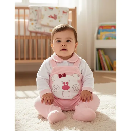 Macacão Bebê Jardineira Plush Bordado Ursa Menina Cores