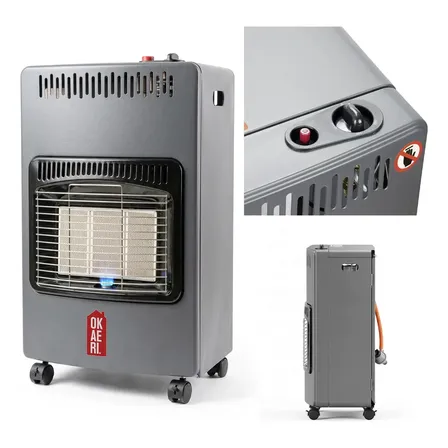 Calefactor a gas Okaeri estufa plegable 11-15kg para interior y exterior con conexión a gas envasado color gris