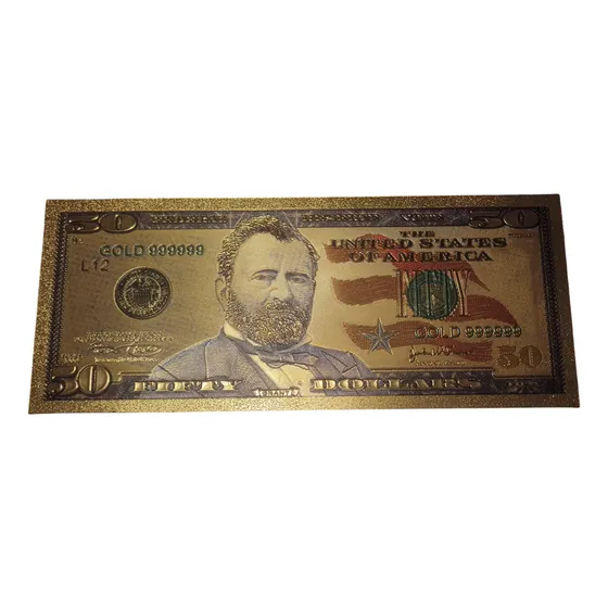 Billete Coleccionable Rigido 50 Dolares Detalles Color Oro