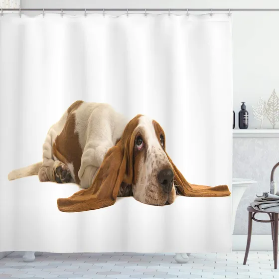 Cortina Ducha Perro Oreja Larga Acostado Fondo Blanco Juego