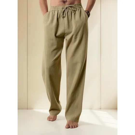 Calça Casual Masculina De Linho Com Cordão E Bolsos