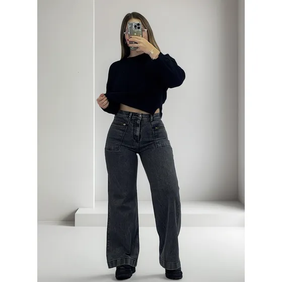 Jean Wide Leg Azul Bolsillo Plaqué Gris - Lou Jeans