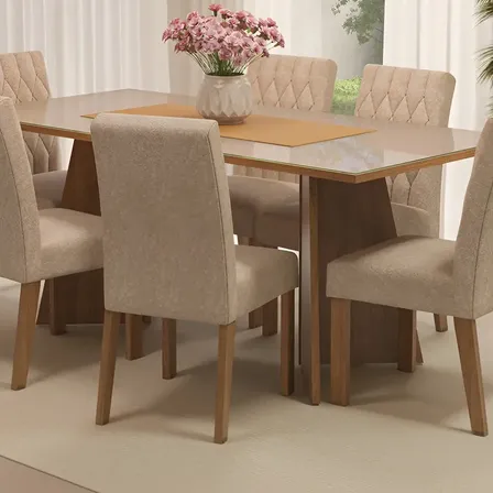 Sala Jantar Mesa Tampo Vidro 6 Cadeiras Marissa Madesa Rci Cor Rustic/Crema/Imperial