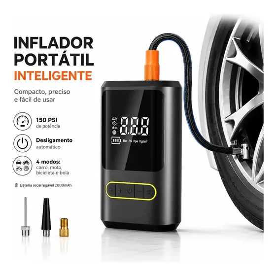 Mini Compressor de Ar Portátil 6600mAh Bomba Elétrica Recarregável Calibrador Digital Encher Pneus Carro Moto Bicicleta Bola LED