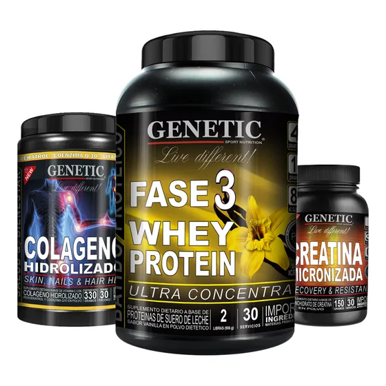 Whey Fase 3 Creatina Pura Colageno Resveratrol Q10 Genetic