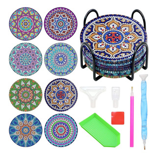 Juego De 8 Posavasos De Pintura De Diamantes Con Soporte Juego De 8 Posavasos De Pintura De Diamantes Con Soporte