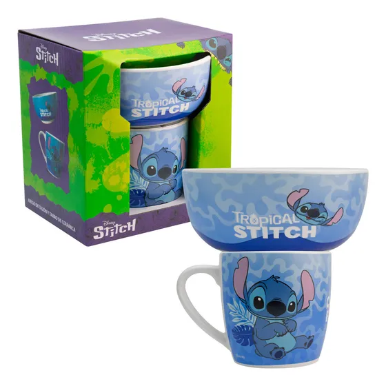 Set Desayuno Vajilla Porcelana Personajes Animados 2 Pzas Stitch Tropical
