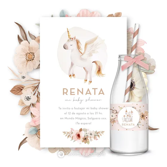 Kit Imprimible Unicornio Reino Boho Acuarela Flores