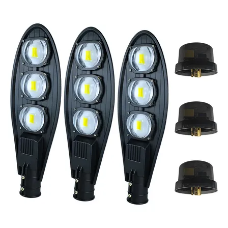 Kit 3 Luminárias Publica De Led Cob 200w Com 3 Fotocélulas 127/220v Preto Branco-frio