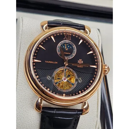 Relogio Vacheron Constantin  Masculino Toutbillon Moon Phase Preta Rose Preto