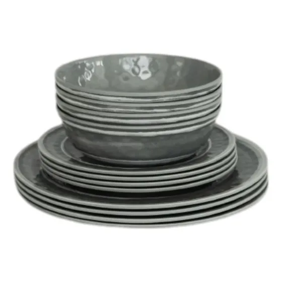 Juego Set Platos Melamina Playo, Postre, Bowl X 12u Color Gris Juego De Platos Para 4 Personas Apta Lavavajillas Moderno Práctico Duradero