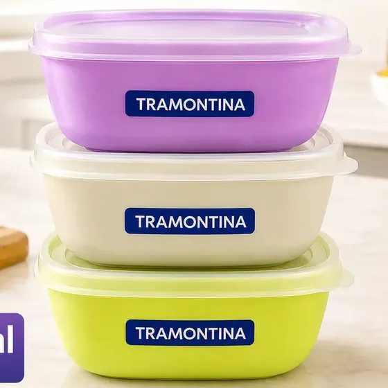 Jogo Potes Tramontina 600ml Kit 3 Unidades Com Tampa Marmita Alimentos Mantimentos Dieta Organizador Cozinha Empilhavel