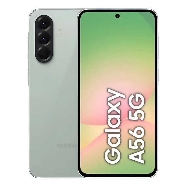 Smartphone Samsung Galaxy A56 5G na cor verde, exibindo a parte traseira com conjunto de câmeras triplas e a tela frontal com o nome do modelo