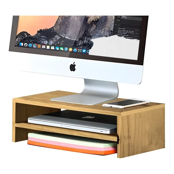 Soporte Base Eleva Monitor Para Escritorio Elevador Bandeja Color Roble