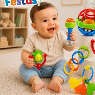 Kit 8 Peças Chocalho de Bebe com Mordedor Recém Nascido Macio Estímulo Sensorial