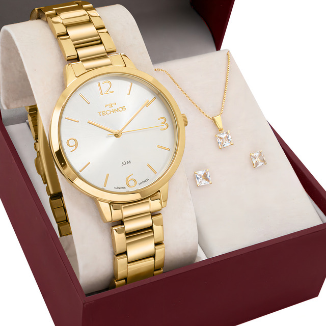 Relógio Feminino Technos Dourado Luxo Com Semi Joia Colar E Brincos 2035nbc/k1k Relógio Feminino Technos Dourado Luxo Com Semi Joia Colar E Brincos 2035nbc/k1k
