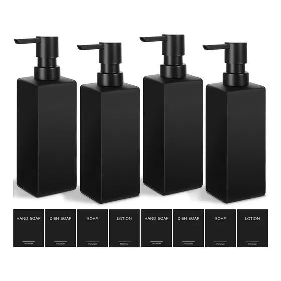 Dispensador De Jabon De Bano 4pzs Negro Vidrio Champús 350ml Líquido Gel Rellenable De Cocina Con 8 Pegatinas Resistentes GMISUN