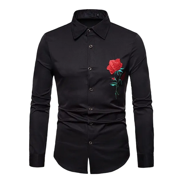 Camisa Manga Larga Para Hombre Casual Bordado Rosa Blusa