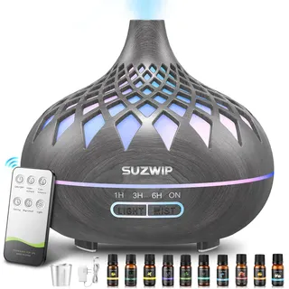 Humidificador De Aire Difusor Aroma 2 En 1 650ml, Suzwip Humidificador Difusor Eléctrico Con 10 Aceites Esenciales Y Luz Led, Control Remoto Y 1/3/6h Temporizador Gris