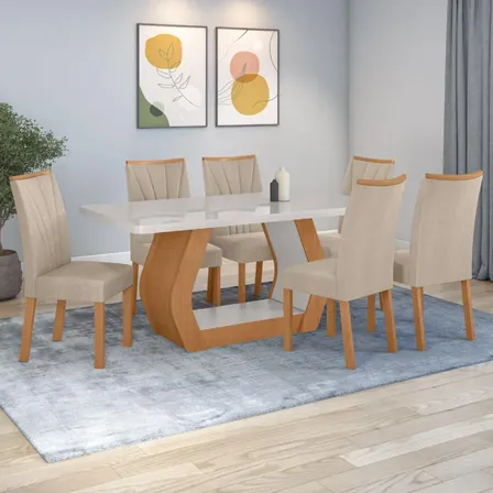 Jogo de Jantar com 6 Cadeiras Confort Linho Rinzai Bege e Mesa Easy Tower de 170x90 cm