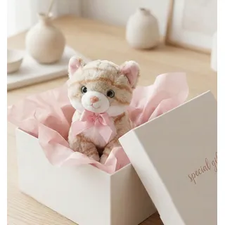 Gato De Pelúcia Listrado Com Lacinho Macio Presente Infantil Bege