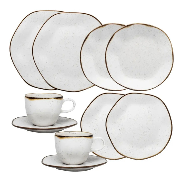 Conjunto de jantar Ryo Maresia com 10 peças na cor creme, incluindo pratos e xícaras com pires, exibindo design orgânico e bordas irregulares.