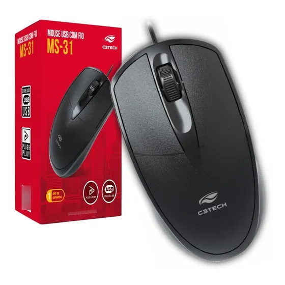 Mouse Usb C/ Fio C3tech Ms-31bk 3 Botões Preto Pc Notebook