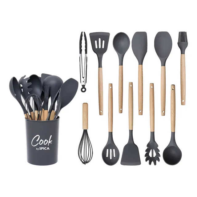 Set Kit X12 Utensilios De Cocina Mango Madera Punta Silicona