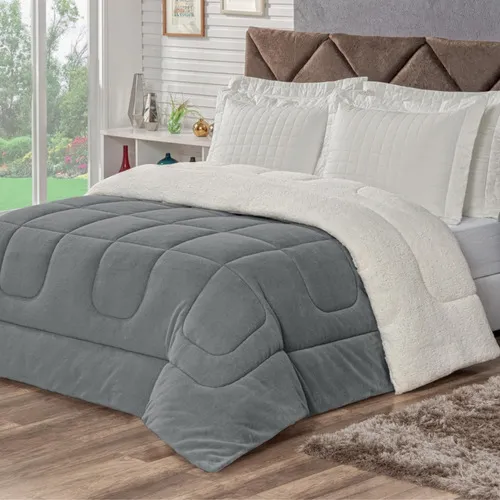 Coberdrom Casal Queen Veneza Manta Sherpa Fleece 180 Fios Cor Cinza Desenho Do Tecido Liso