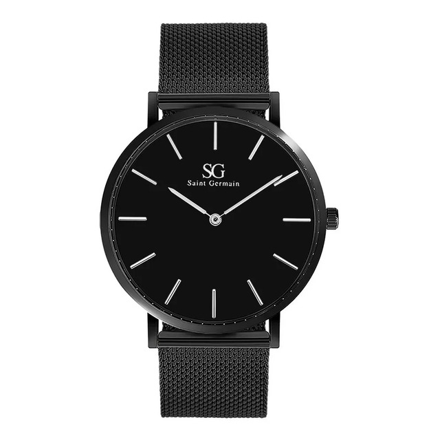 Relógio masculino Saint Germain Houston Full Black com caixa de 40mm, mostrador preto minimalista e pulseira de malha de aço preta.