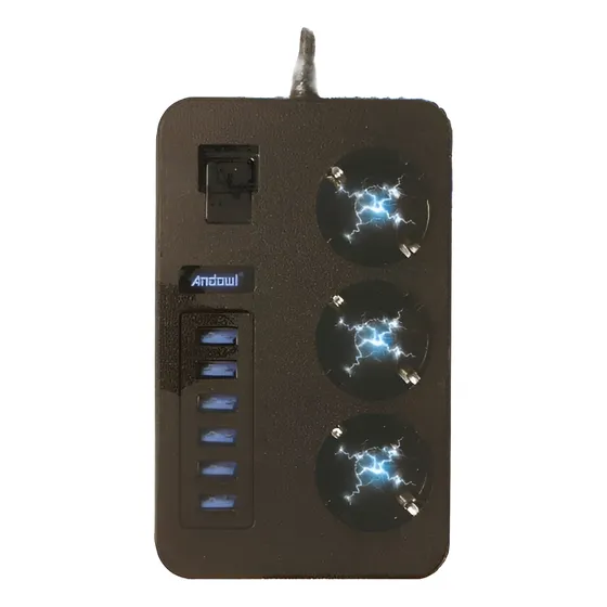 Alargador Andowl 2m 3 Tomas Con Interruptor 6 Usb 3.1a