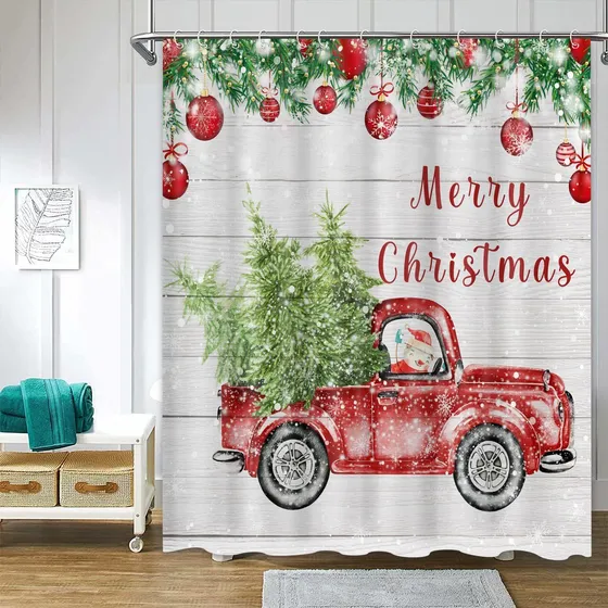 Cortina Ducha Navidad 72 X 72  Camion Rojo Invierno Bola