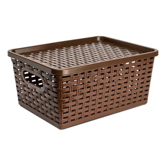 Caja Organizadora Con Tapa Estilo Canasta Mimbre De Plástico 14x29x22cm Color: Café Ideal Para Guardar Y Proteger Objetos
