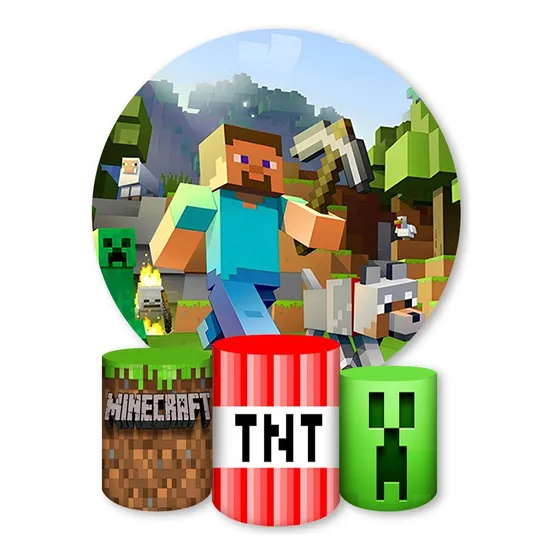 Painel Redondo + 3 Capas Cilindro Sublimado Minecraft