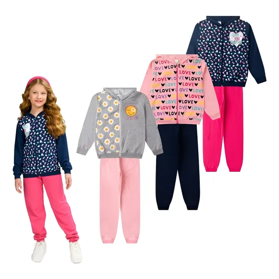 3 Conjunto Moletom Flanelado Infantil Juvenil Menina 10-16