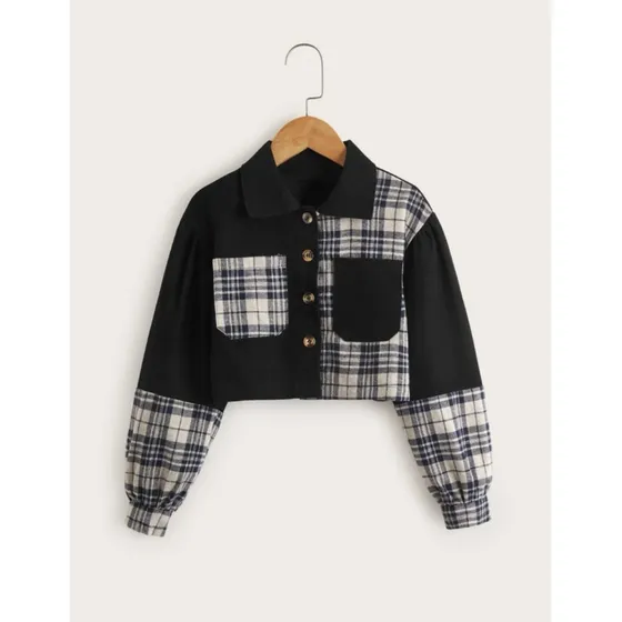 Niñas Blusa De Cuadros Con Doble Bolsillo De Manga Farol