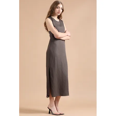 Vestido Midi Lino Lyocell, Cruce Espalda, Chocolate Liola
