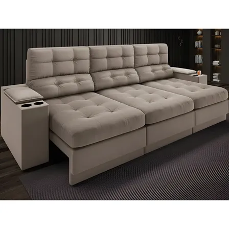Sofá Retrátil Reclinável 4 Lugares Eureka 2,30m Velosuede USB Porta Copos Capuccino